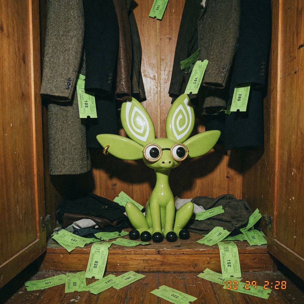 DIVA sitting in a wooden wardrobe among neon-green tickets